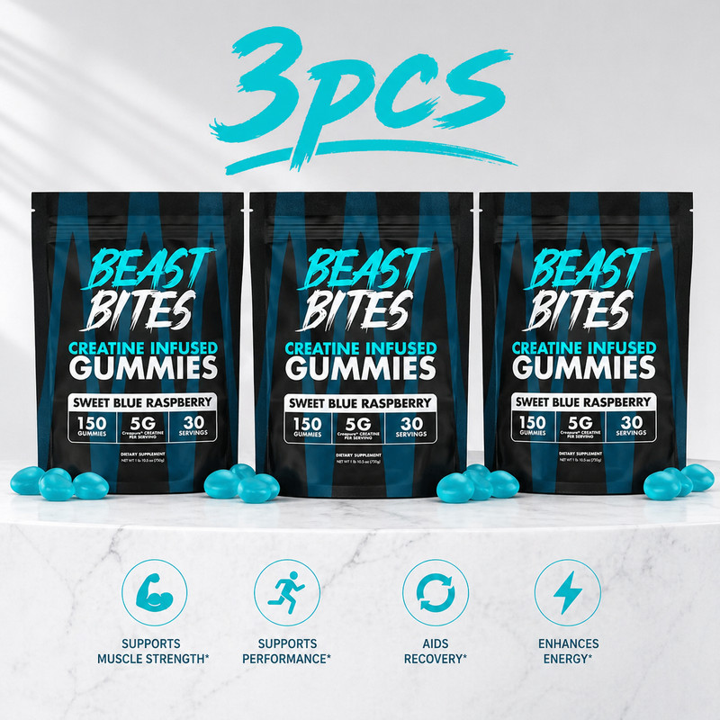 3-Pack Beast Bites Creatine Gummies, 5g Each Serving, Blue Raspberry