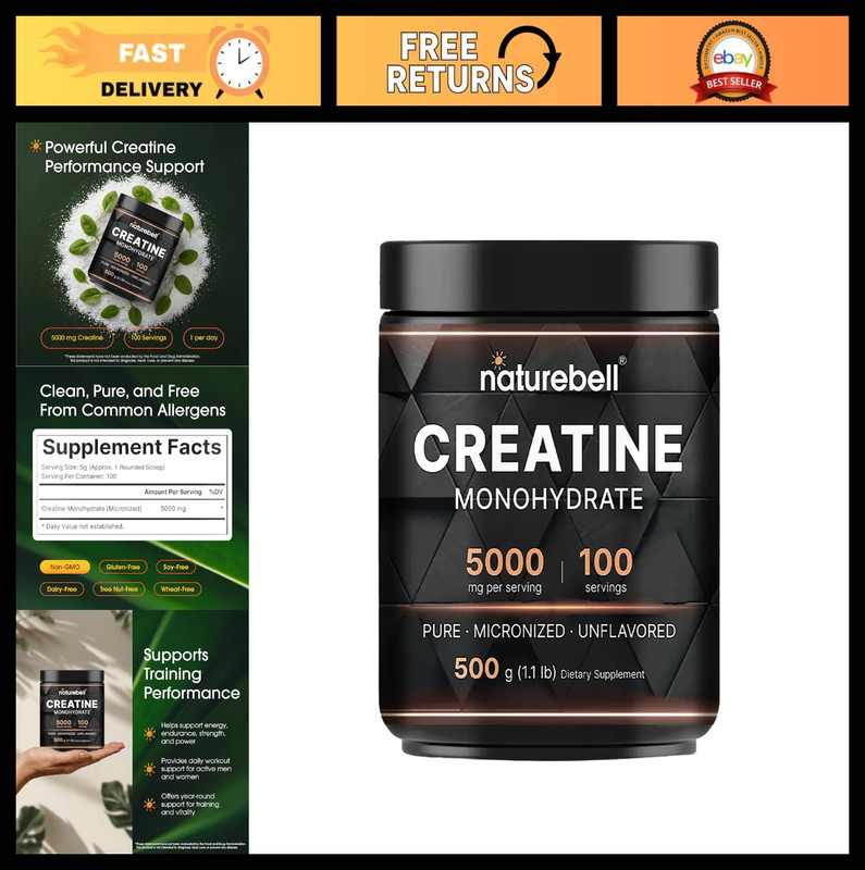 Creatine Monohydrate Powder 500g – Micronized, 5000mg per Serving, Vegan, Keto,