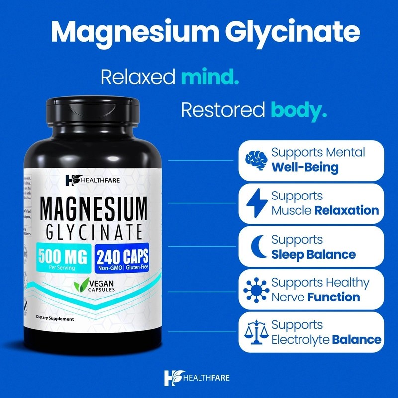 HealthFare Magnesium Glycinate 500mg | 240 Veg Capsules | High-Absorption gallery