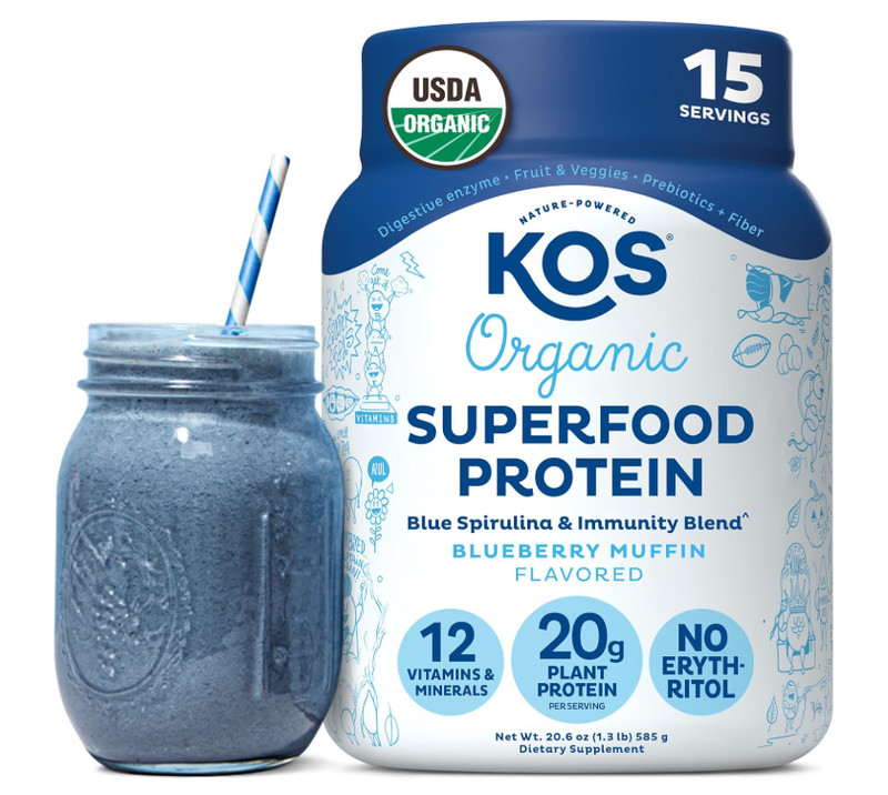 KOS Plant-Based Protein Powder, Blueberry Muffin, 15 Servings