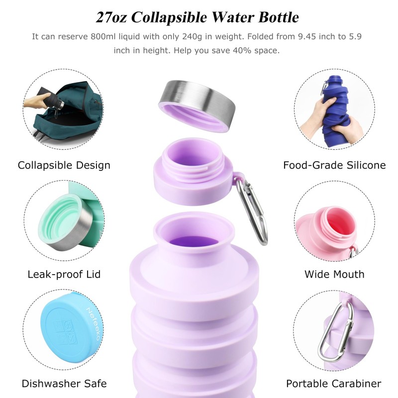 Nefeeko Collapsible Water Bottle, 27oz Reuseable 18 Ounces, Taro Purple-27oz gallery