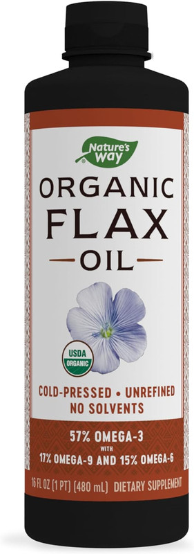 Nature’s Way Organic Flax Oil, 16 Fl. Oz, Cold-Pressed, Unrefined, Omega 3 6 9