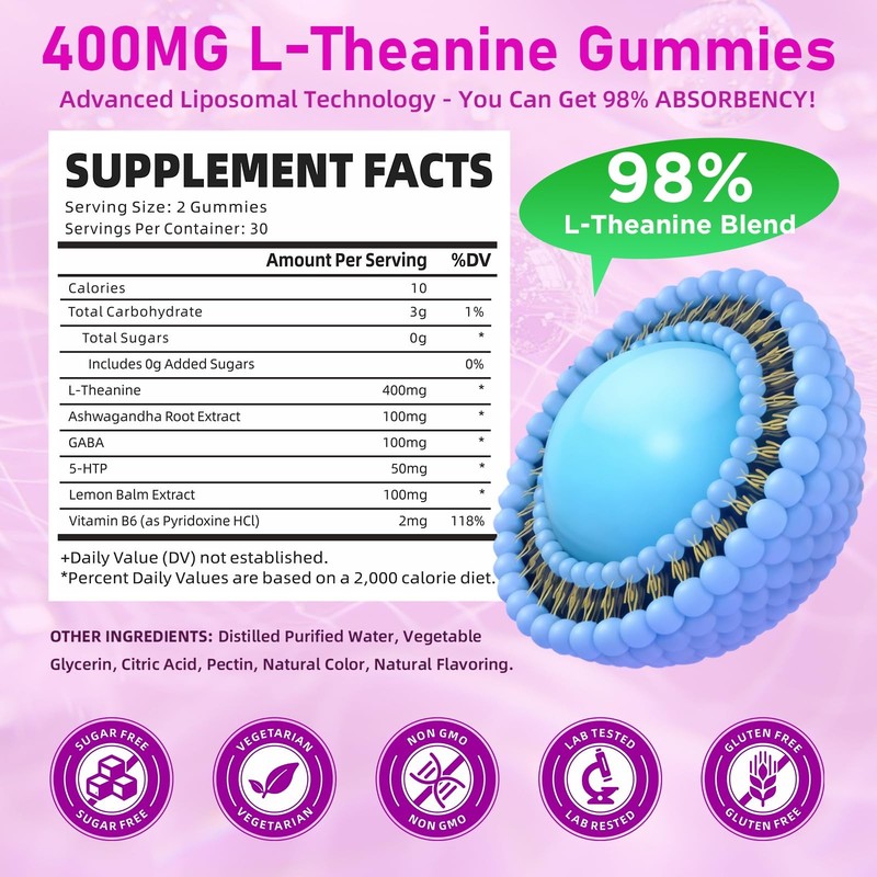 GrnLife L-Theanine Gummies for Kids & Adults, L'Theanine 60 Count (Pack of 1) gallery