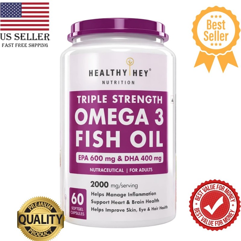 HealthyHey Omega 3 Fish Oil 2000mg Triple Strength 60 Softgels EPA DHA free ship