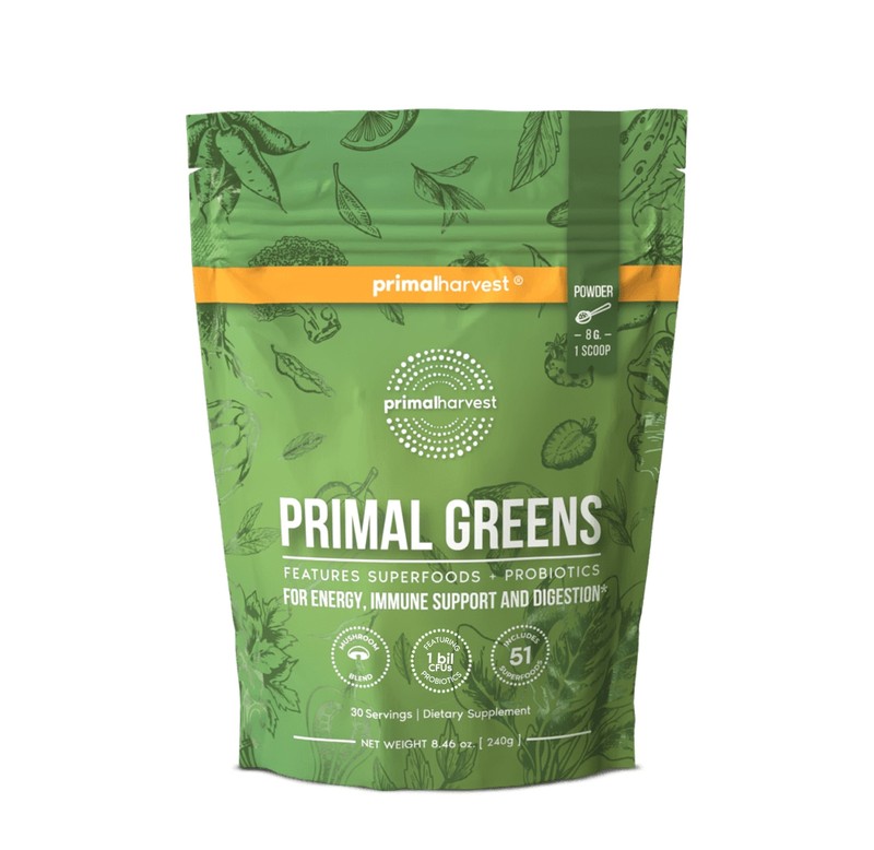 Primal Harvest Super Greens Powder, 30 Servings w/+50 Greens Superfood Chlorella