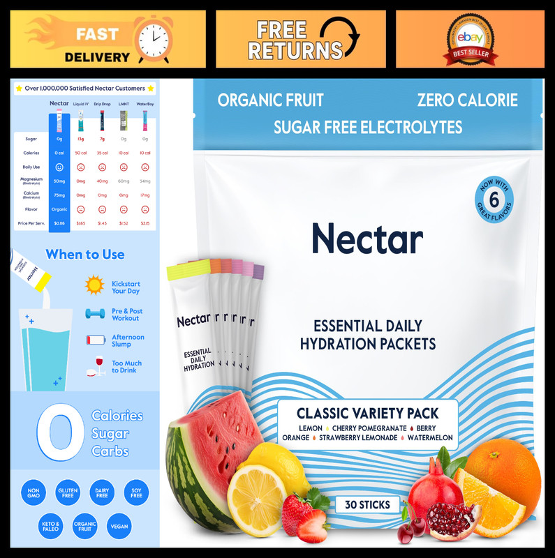 Electrolyte Hydration Packets – Sugar Free, 0 Cal, Organic Fruit – 30 Pack