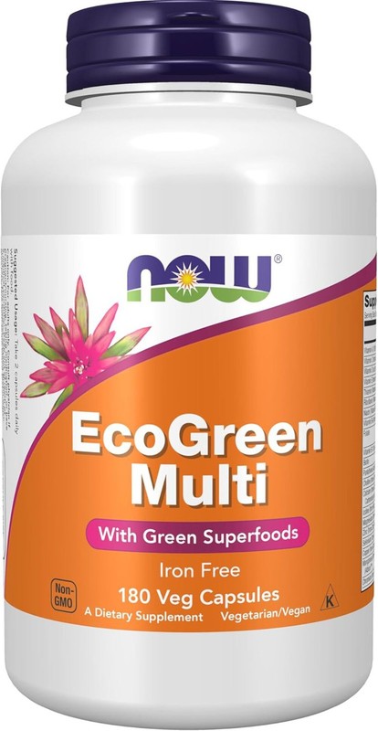 NOW Supplements, EcoGreen Multi Vitamin with Green Superfoods, Iron-Free 180 Veg