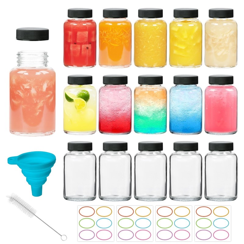 16 Pack 4 oz Glass Ginger Shots Bottles with Black Caps,Leakproof 4 oz Juice …