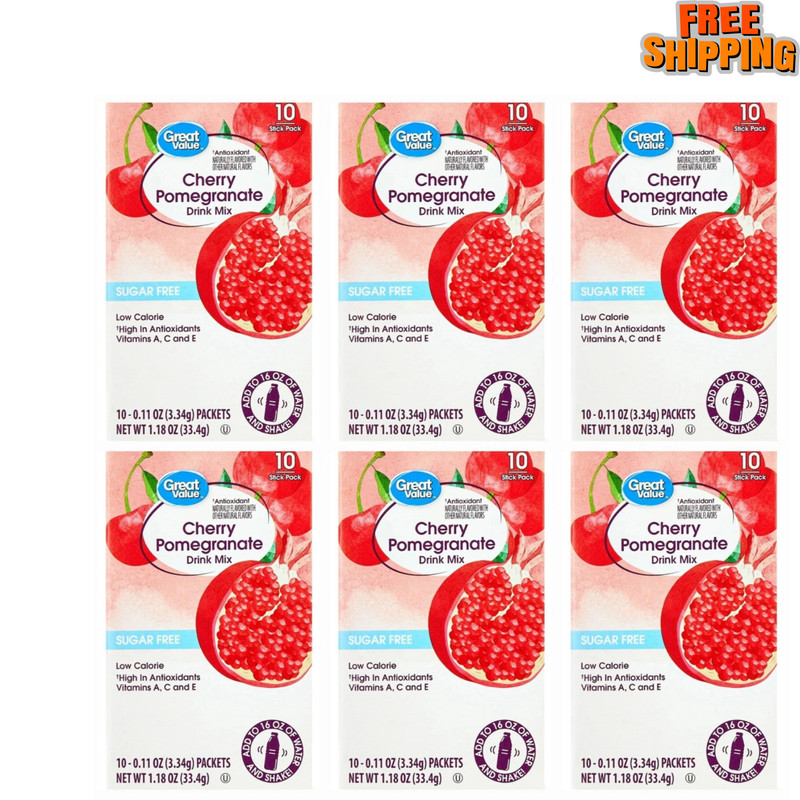 6 Pack Great Value Antioxidant Cherry Pomegranate Drink Mix 60 packet sugar-