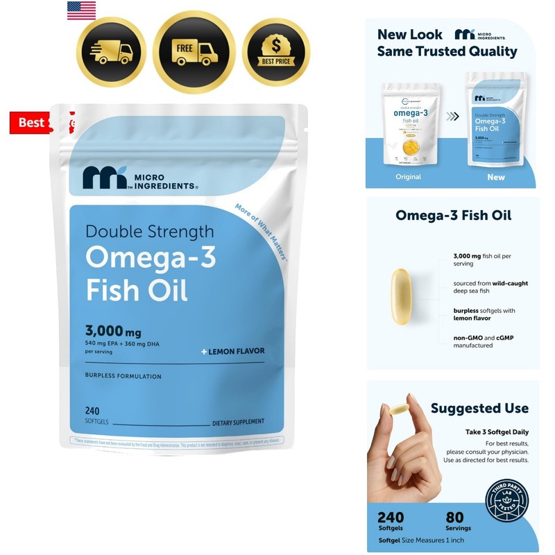 Omega 3 Fish Oil Supplements 3,000mg Per Serving, 240 Softgels | Lemon Flavor…