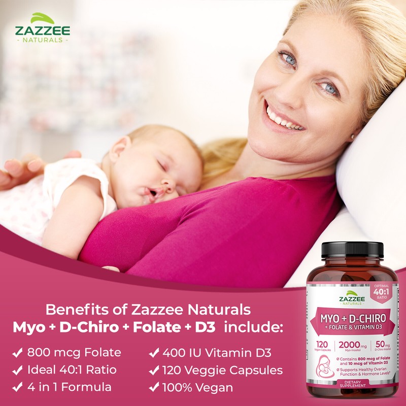 Zazzee Myo-Inositol + D-Chiro, with Folate (5-MTHF) + D3, 120 Vegan Capsules gallery