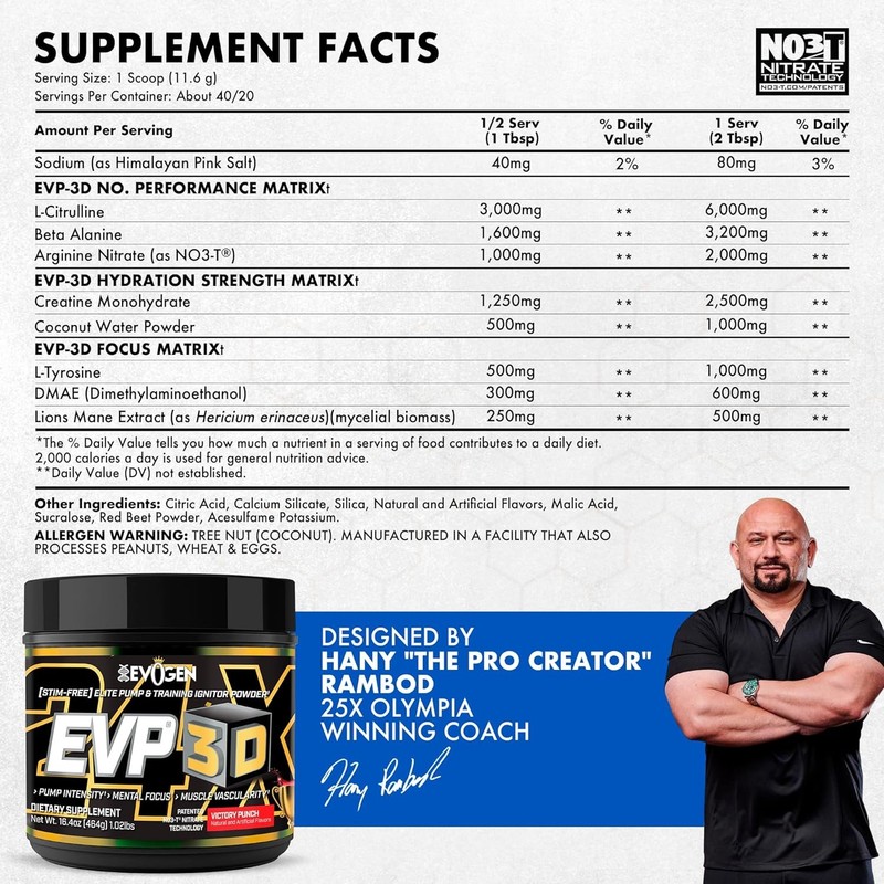 Stim Free Pre Workout Powder EVogen EVP 3D Sugar Free Non St Men Women Fitness