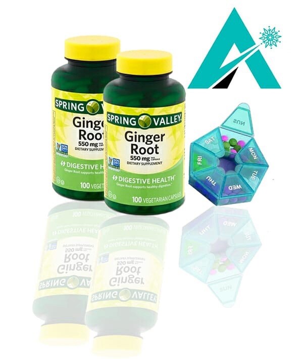 Spring Valley Ginger Root Capsules 550 mg 100-Count, Pack of 2 & a Pill box
