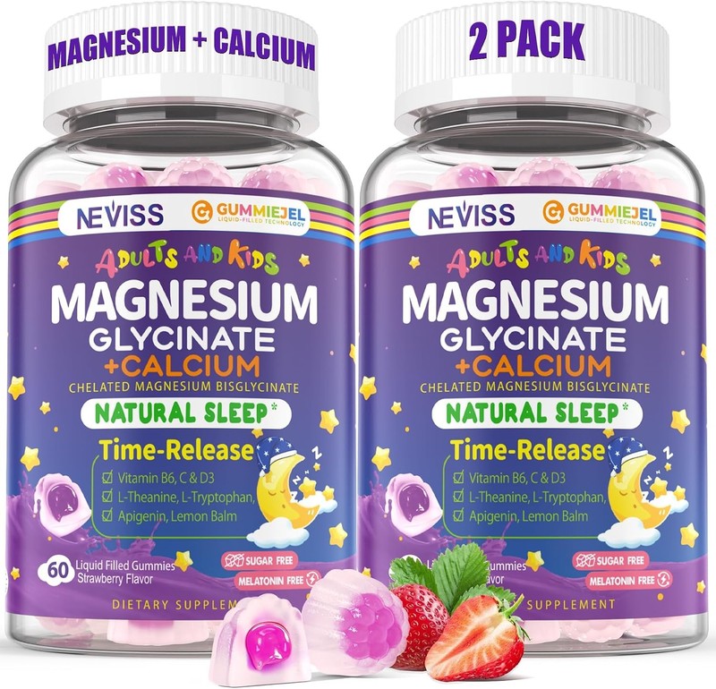 Neviss Magnesium Glycinate + Calcium Filled Gummies for Adults and Kids 4+, Ki